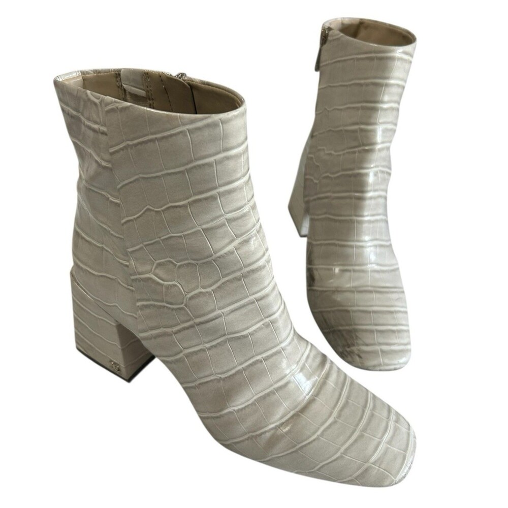 Sam Edelman Daruby Croc Ivory Block Heel Square Toe Boots Side Zip 9.5M